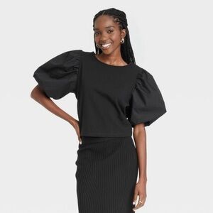 A New Day Black Puff Short-Sleeve Slim Fit Top